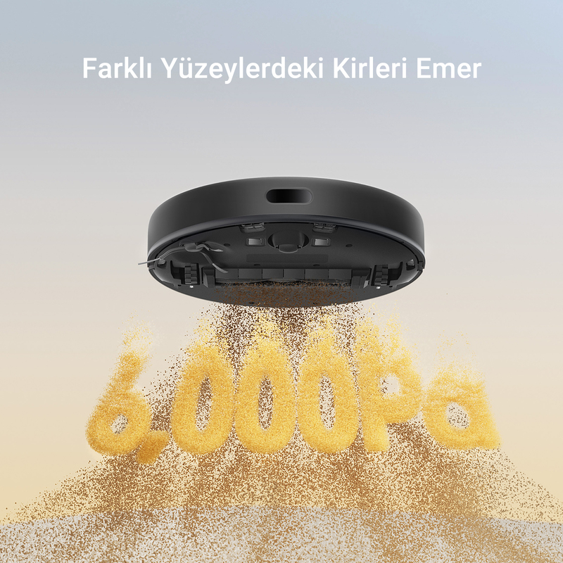 Siyah bir robot süpürge temizlik yapıyor, tozdan yükselen '6.000pa' metniyle. Mavi gökyüzü arka planı.