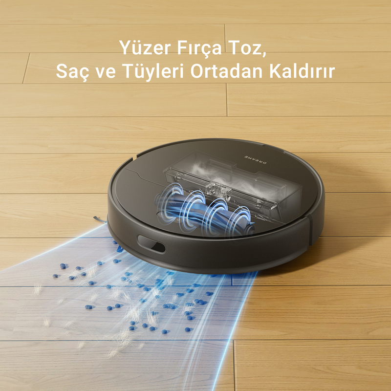 Ahşap zeminde siyah bir robot süpürge, mavi hava akışı hatlarıyla.