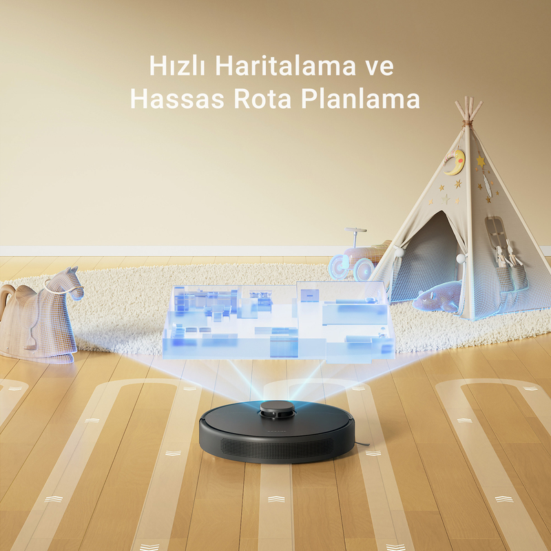 Mobilya ve oyuncaklarla dolu bir odayı haritalayan bir robot süpürge.