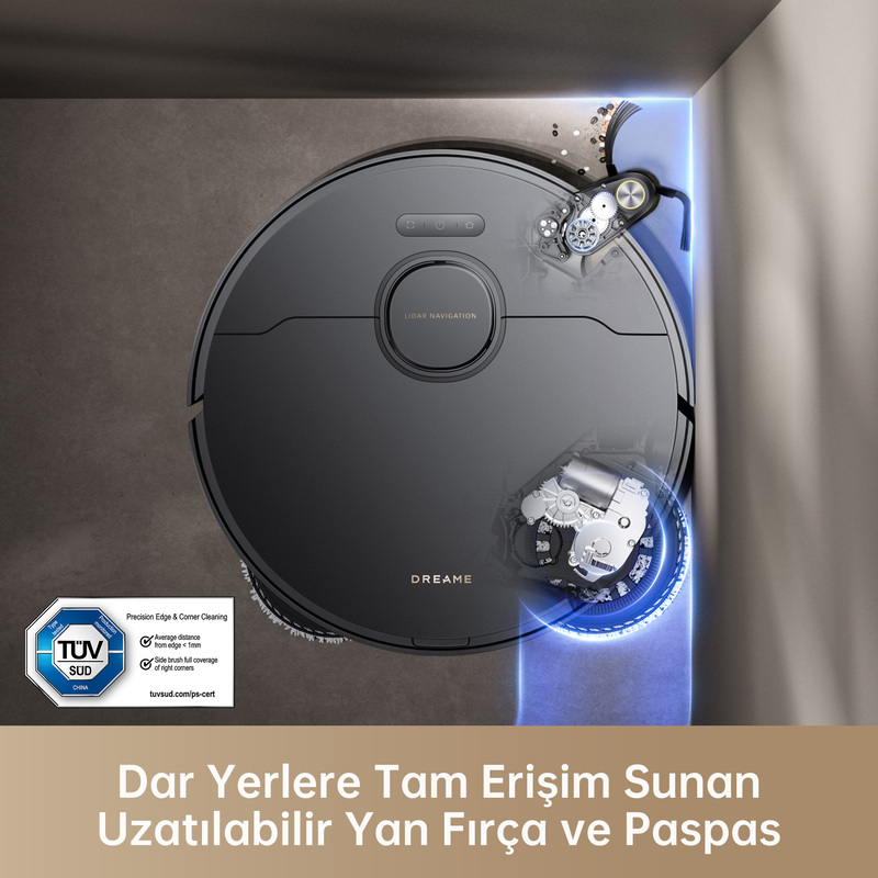 Siyah bir Dreame robot süpürge. Kenarında mavi ışık ve reklam bulunuyor.