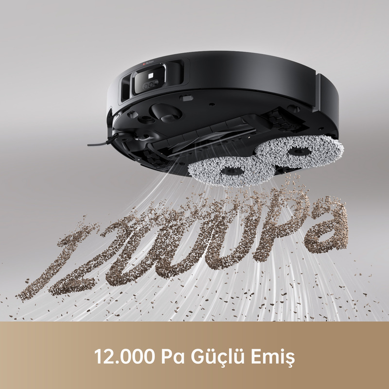 Açık kahverengi bir yüzeyde 12.000 Pa metni ile temizlik yapan siyah bir robot süpürge.