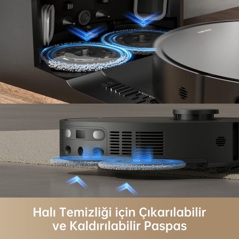 Bir robot süpürge halı temizliyor, temizleme başlıklarının yakın çekimi.