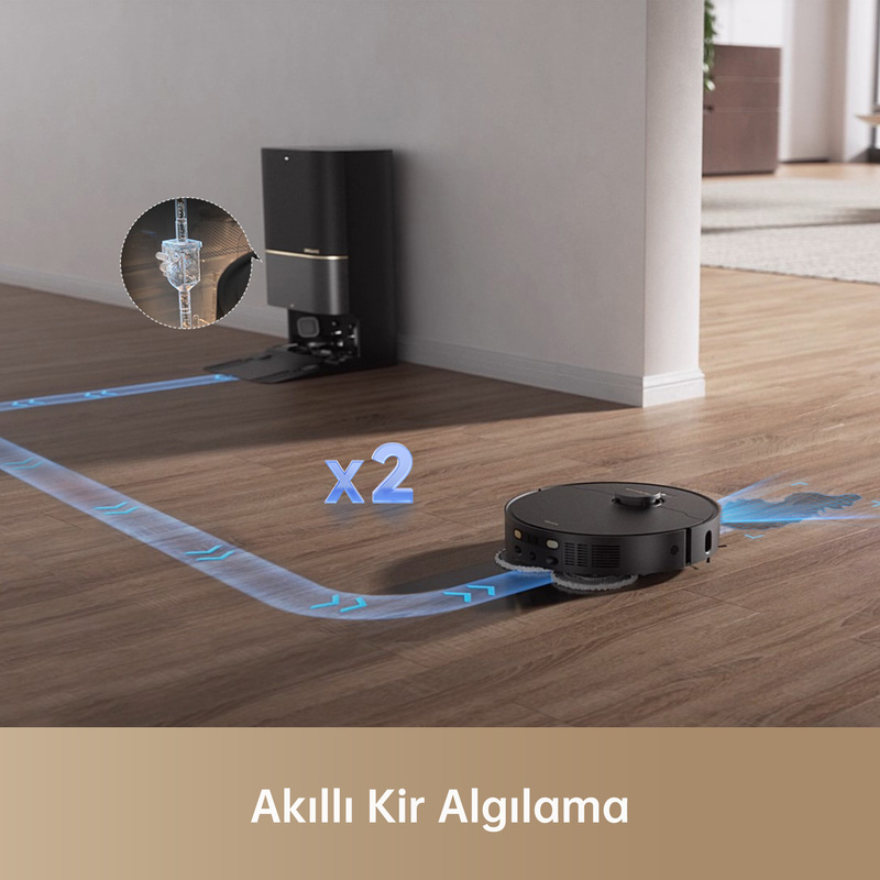 Robot süpürge, ahşap zemini temizliyor. Mavi oklar temizleme yolunu gösteriyor.
