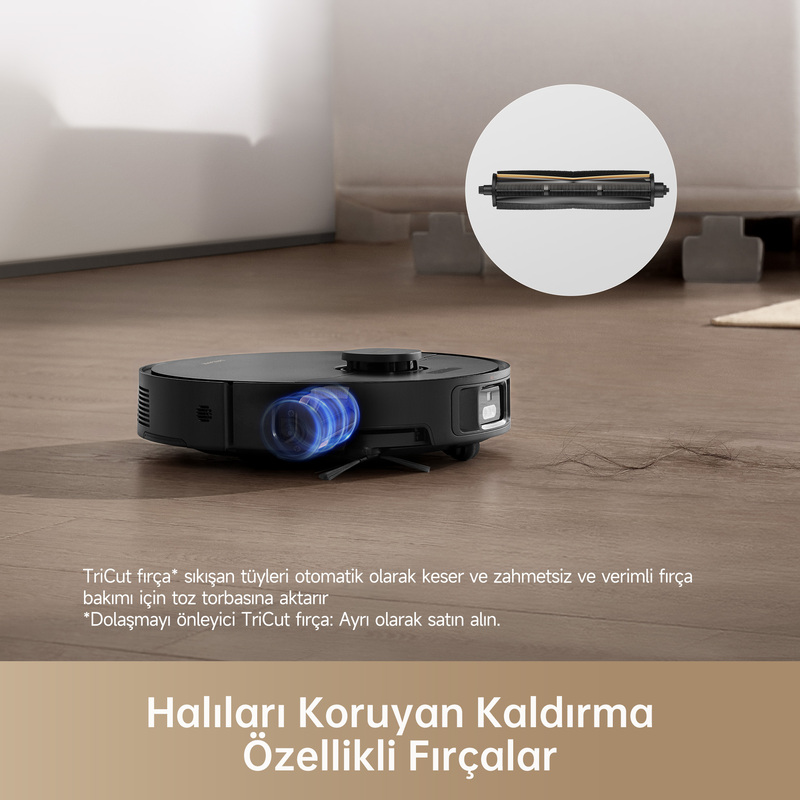 Bir fırça ile siyah bir robot süpürge, ahşap bir zeminde, altında metin.