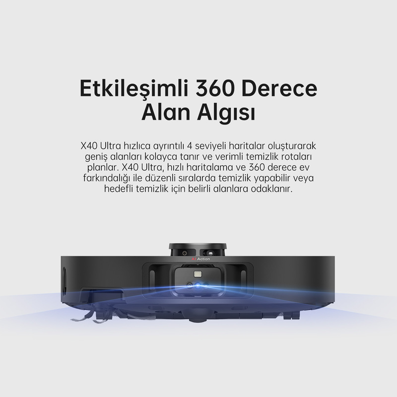 'X40 Ultra' ve '360 Derece Alan Algılama' yazan bir robot süpürge.