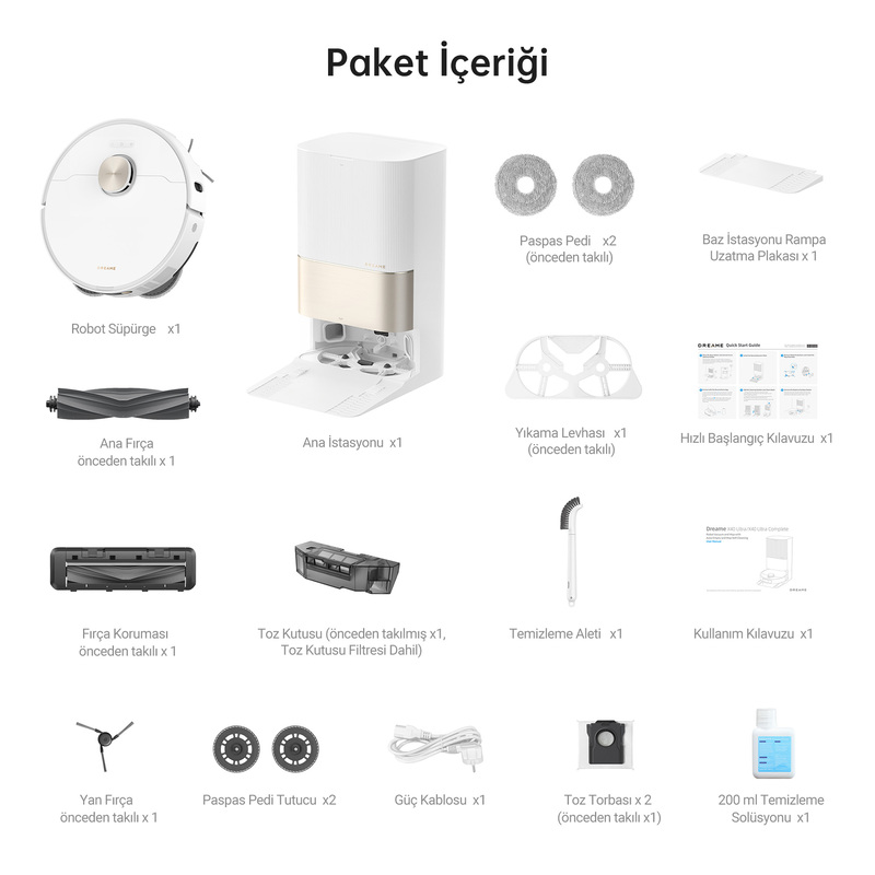 Bir robot süpürgesinin parçalarını ve aksesuarlarını gösteren bir şema, Türkçe.