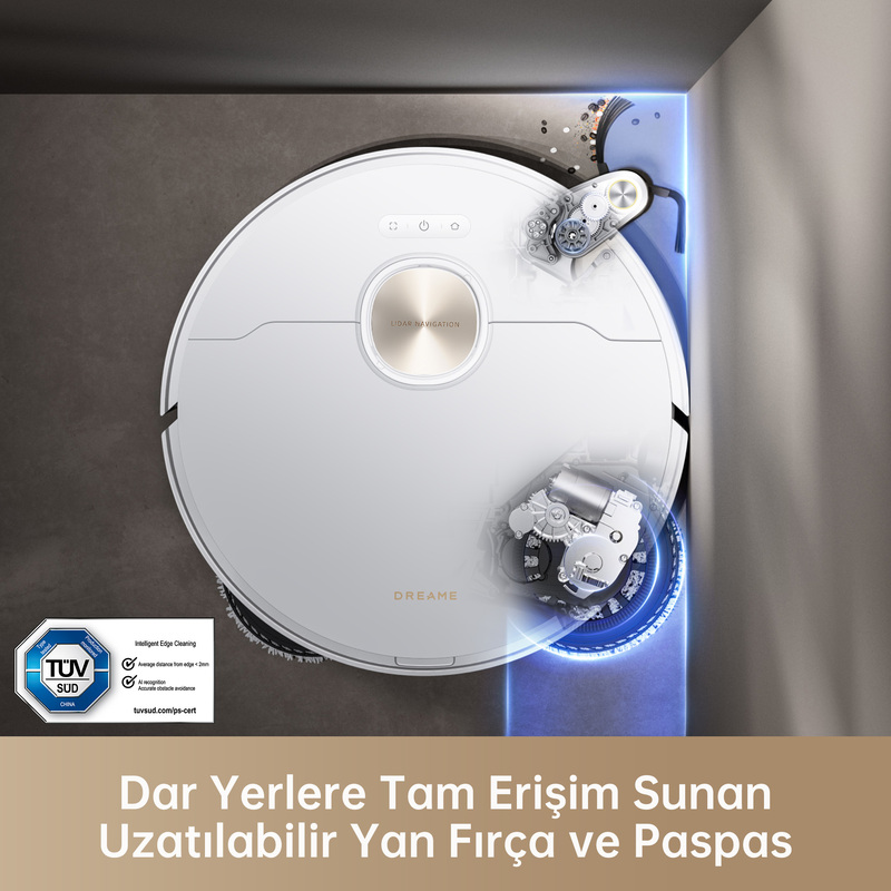 Kenar temizleme ve yan fırça hakkında Türkçe metin içeren beyaz bir robot süpürge.