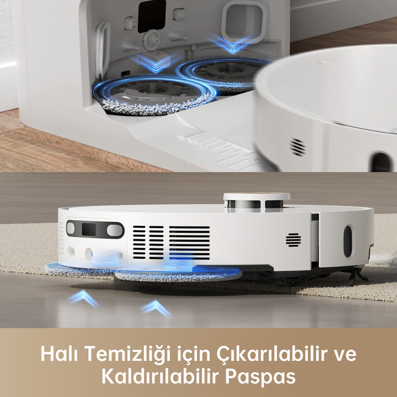 Robot süpürge zemini temizliyor. Metin: Halı temizliği için çıkarılabilir ve kaldırılabilir paspas.