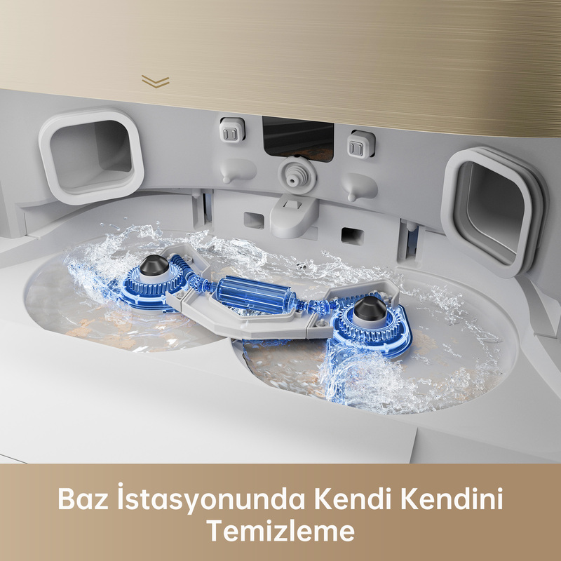 Robot süpürgenin temizleme istasyonu. Su püskürtülüyor, makine temizleniyor.