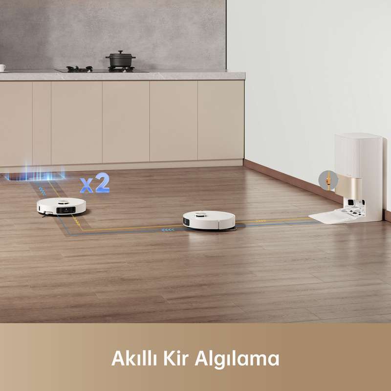 İki robot süpürge, ahşap bir zemini temizliyor. Metin: Akıllı Kir Algılama.