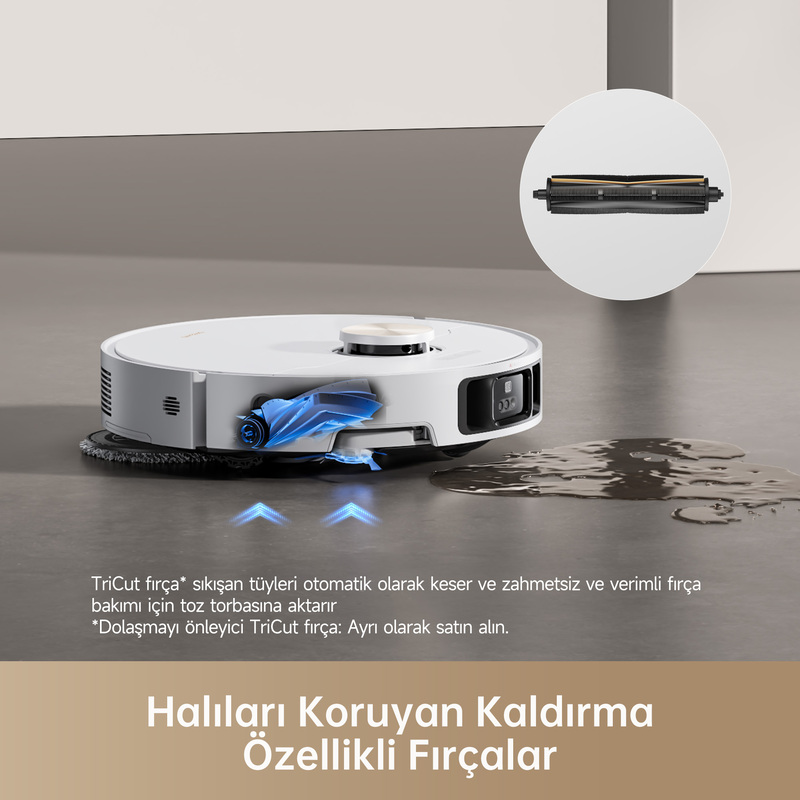 Beyaz robot süpürge, özellikleri ve fırçası hakkında metinle.