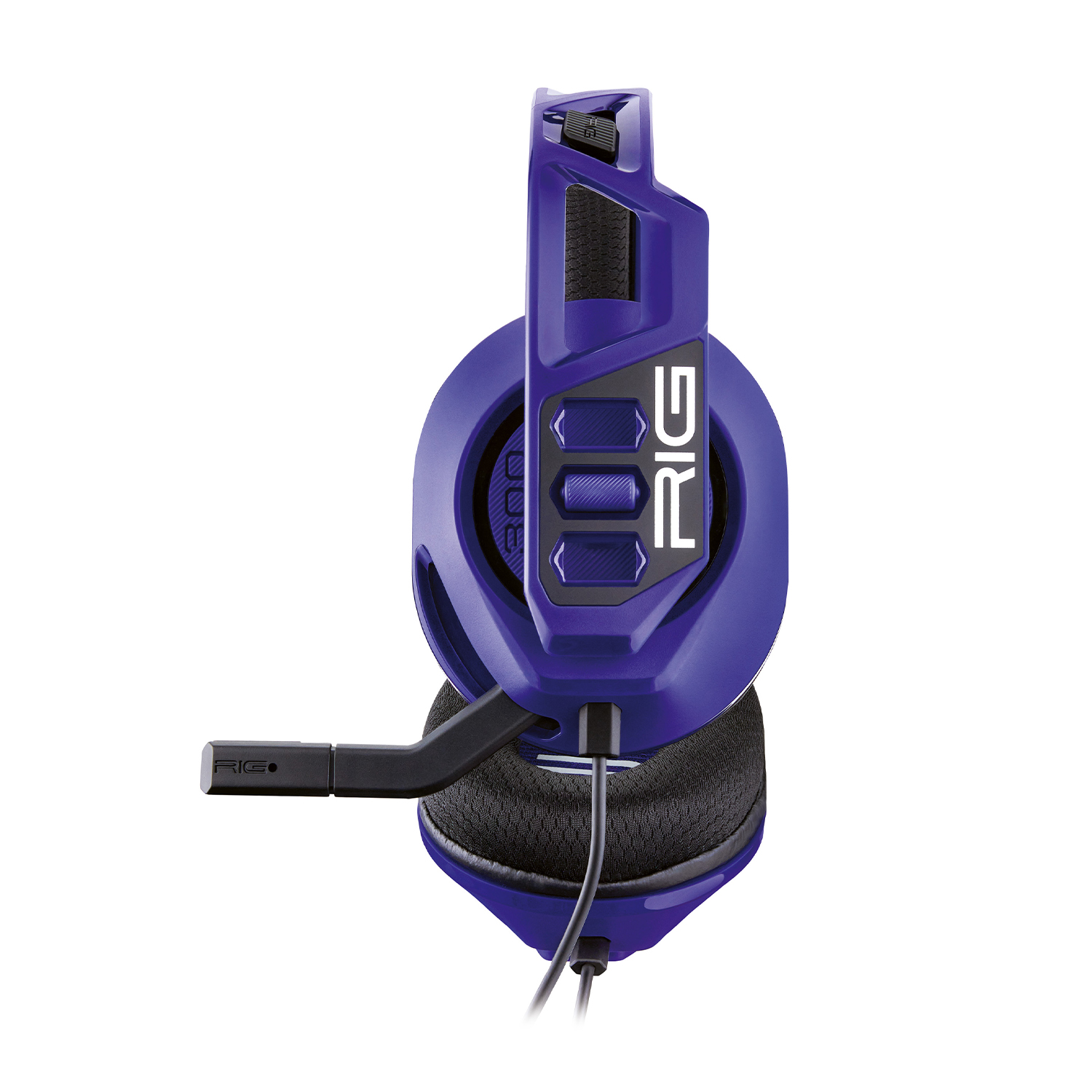 Una cuffia RIG blu e nera con microfono. Il logo RIG è visibile sul lato della cuffia.