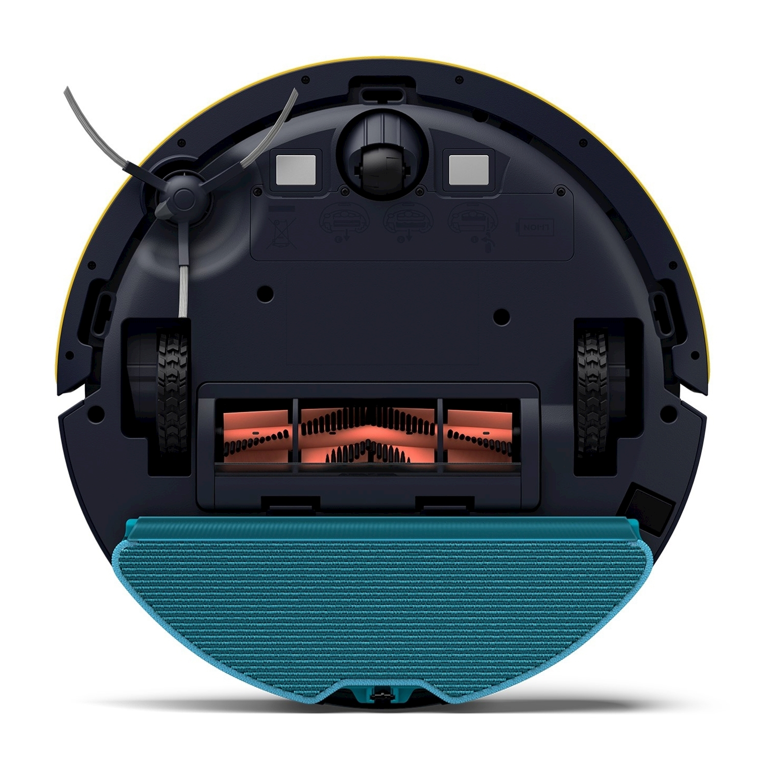 Robot aspirapolvere. Vista inferiore con spazzole, ruote e panno blu.