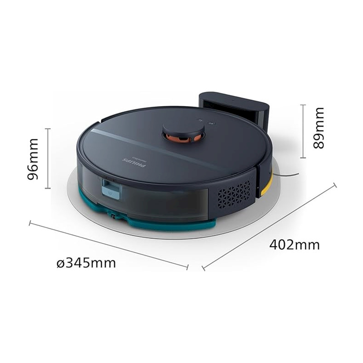 Robot aspirapolvere con dimensioni. Nero e bianco con dettagli gialli. Sfondo bianco.