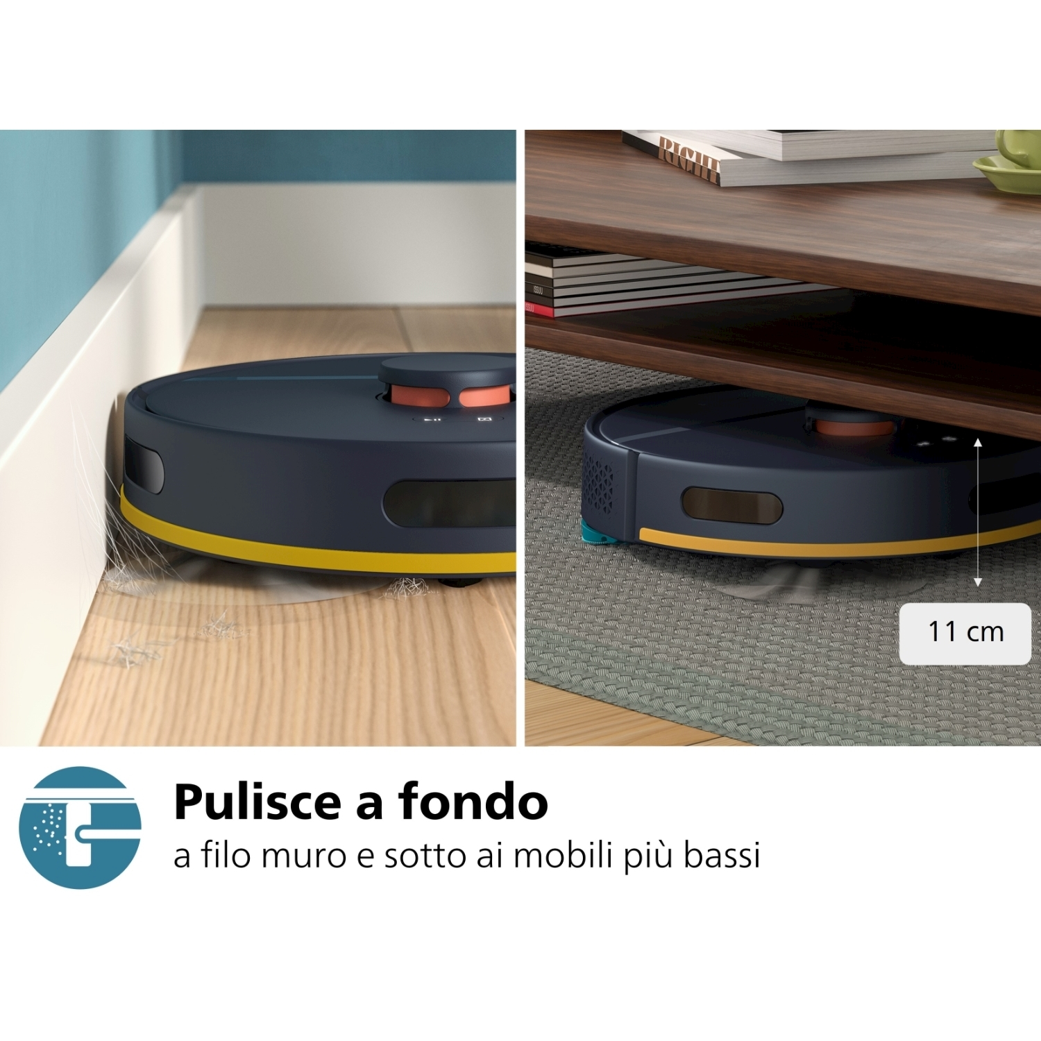 Robot aspirapolvere che pulisce un pavimento, mostrando il suo percorso di pulizia e le dimensioni.