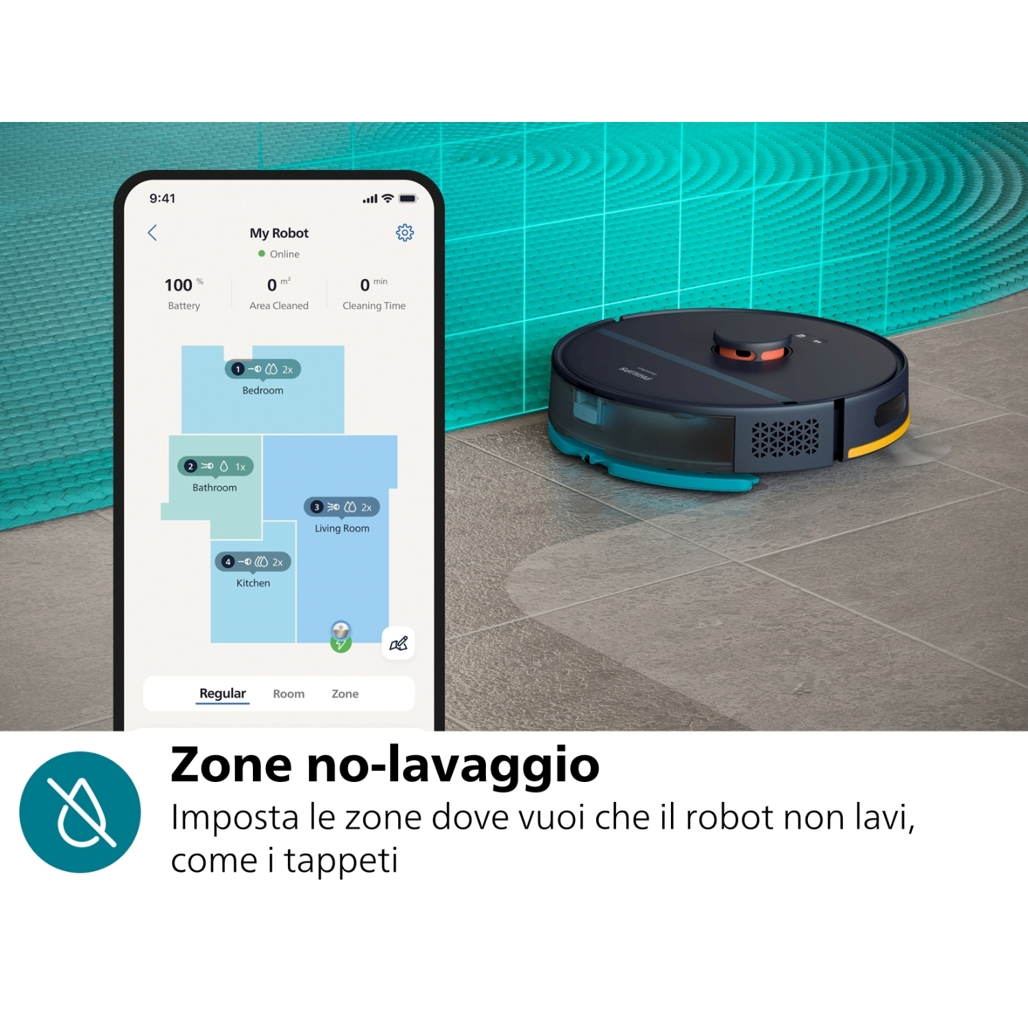 Robot aspirapolvere e schermo del telefono che mostra una mappa della casa con zone di pulizia.