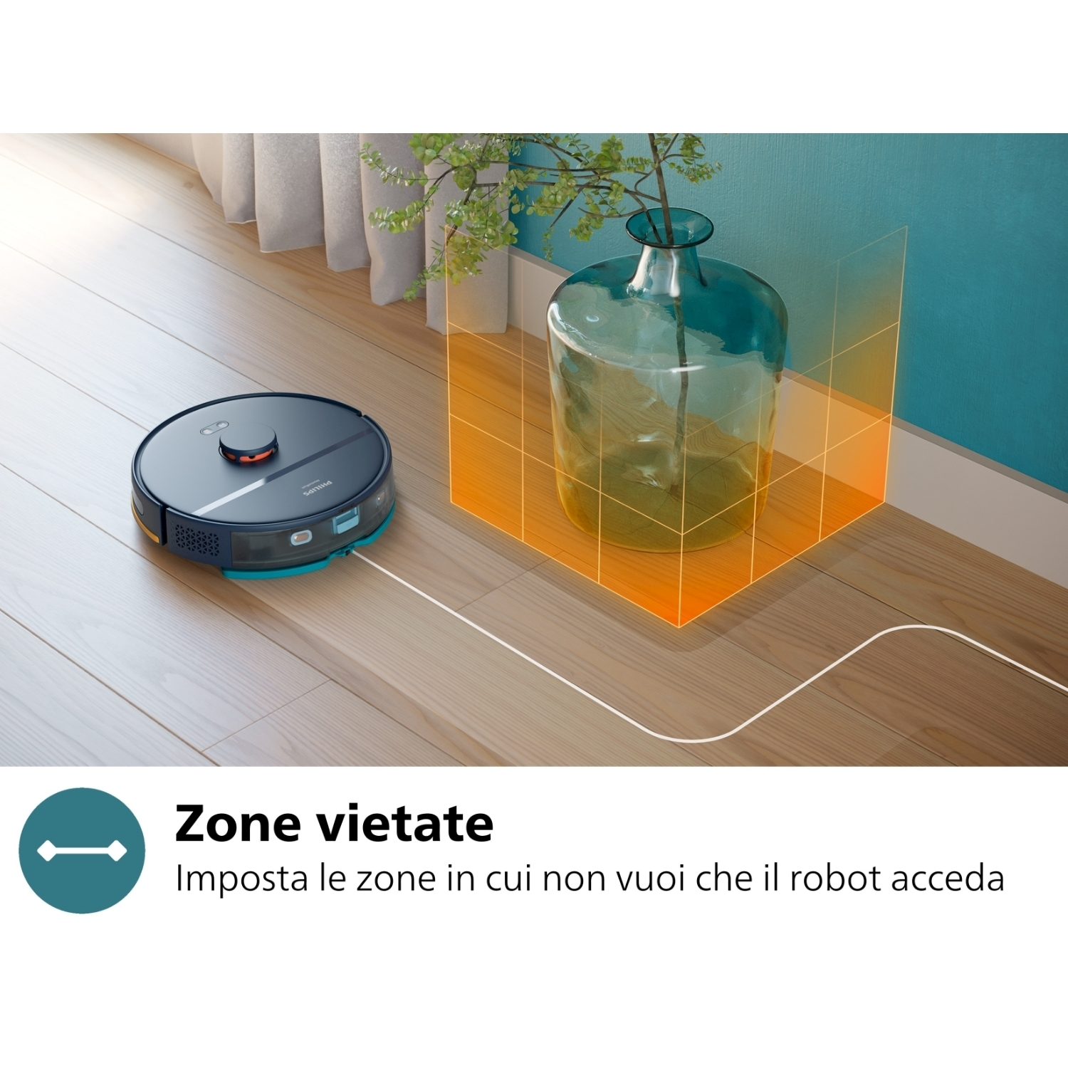 Un aspirapolvere robot in una stanza, con una zona di esclusione arancione visualizzata vicino a un vaso.