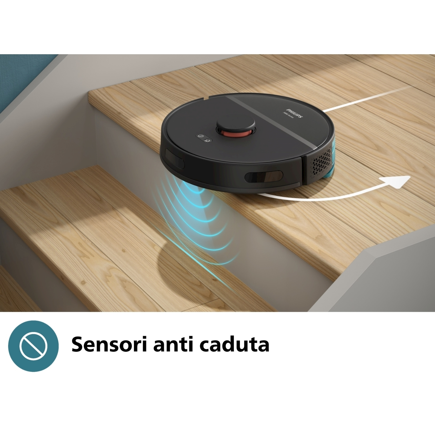 Un aspirapolvere robot nero su scale di legno. Il testo dice: Sensori anti caduta.