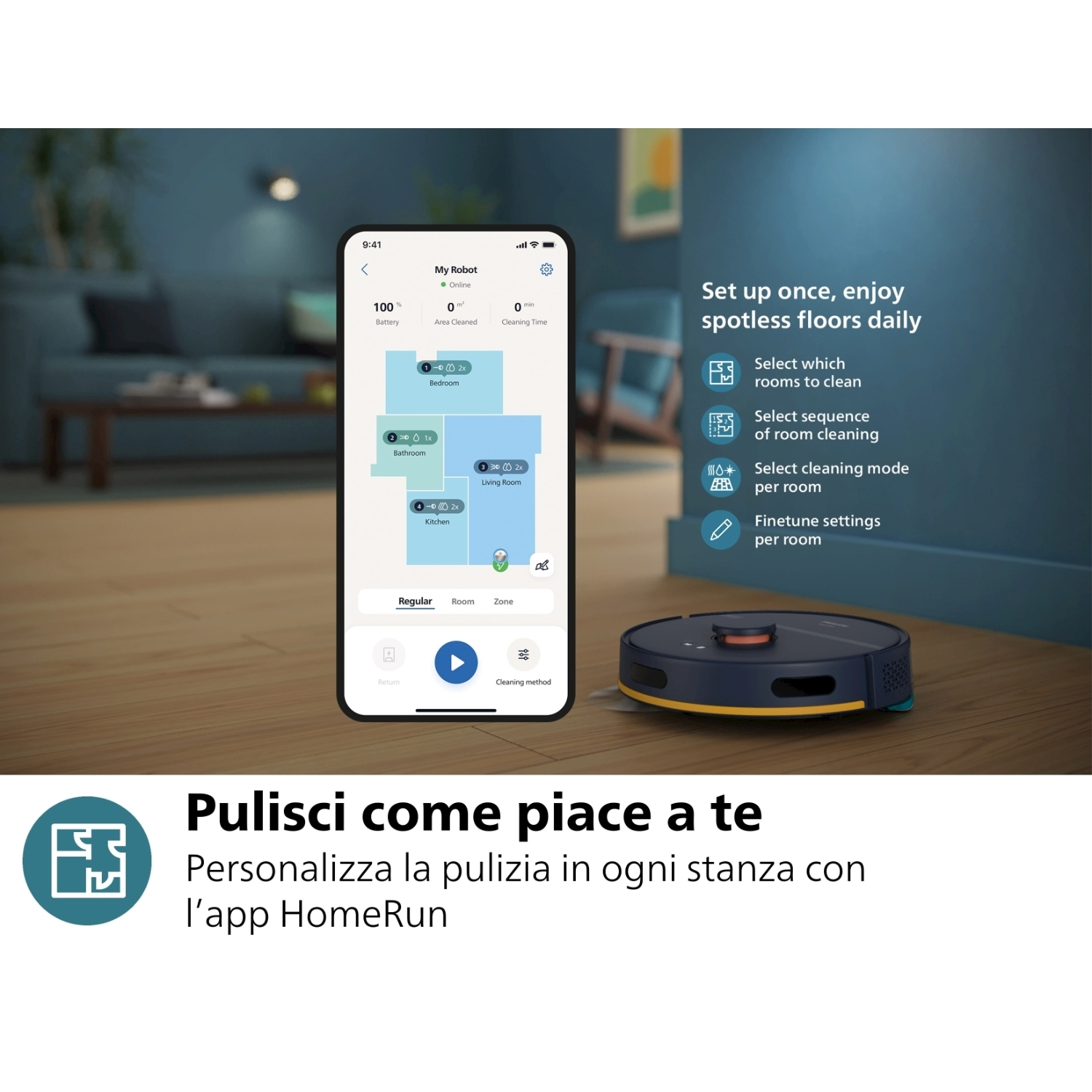 Un robot aspirapolvere e un telefono con una mappa della casa, che mostra le opzioni di pulizia.