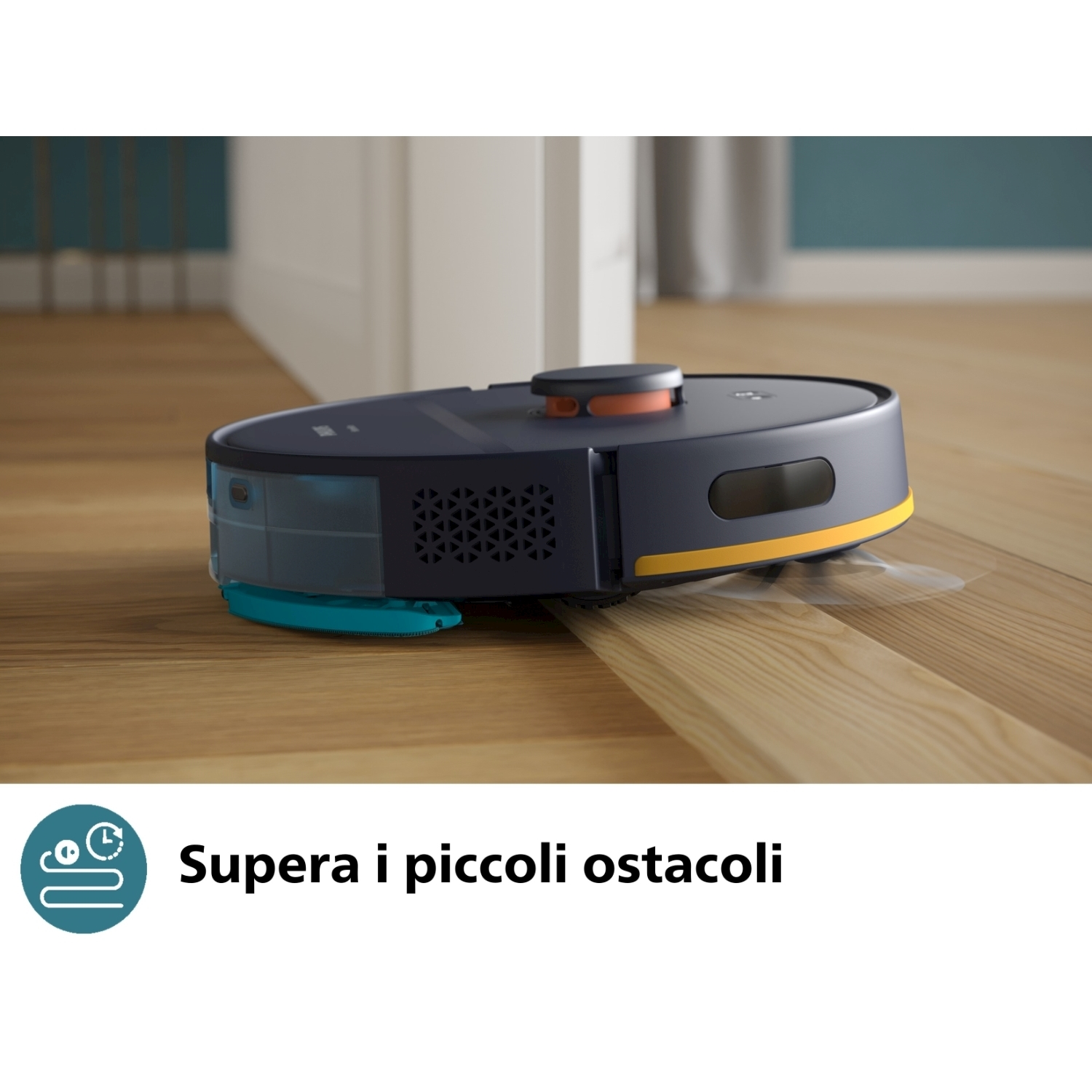 Robot aspirapolvere che pulisce un pavimento in legno, con testo sovrapposto 'Supera i piccoli ostacoli'.