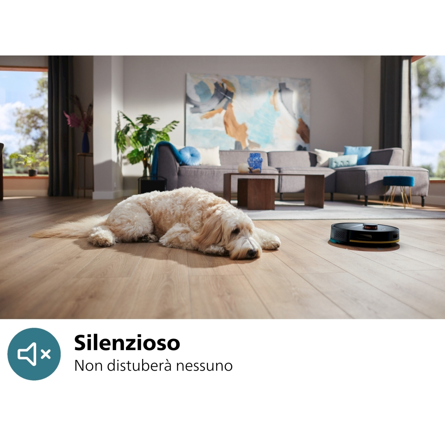 Cane sdraiato vicino a un aspirapolvere robot in un soggiorno.