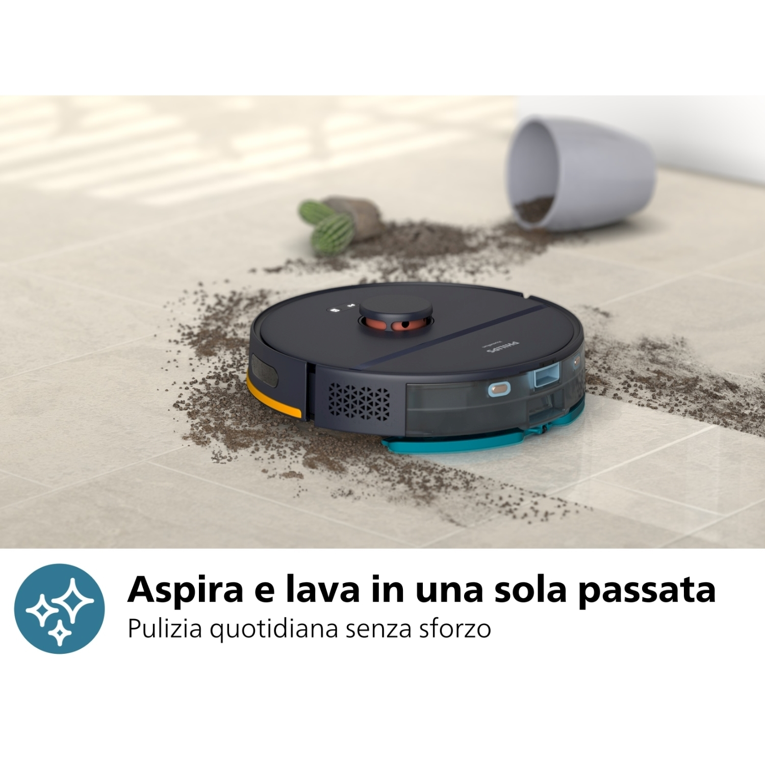 Aspirapolvere robot che pulisce un pavimento piastrellato. Nero e arancione con un accento turchese.