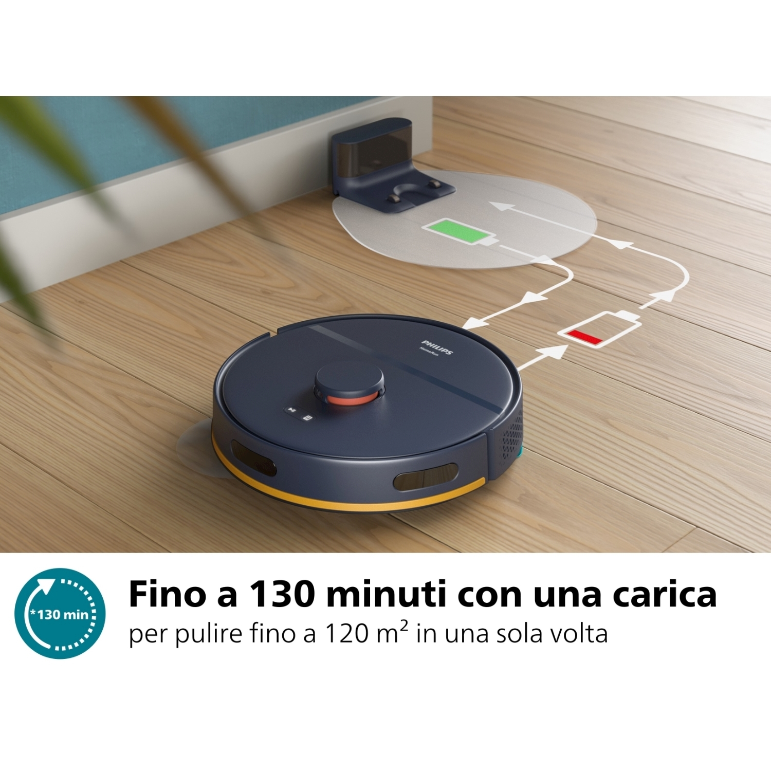 Un robot aspirapolvere su un pavimento in legno. È vicino alla sua stazione di ricarica, con frecce che indicano lo stato della batteria.