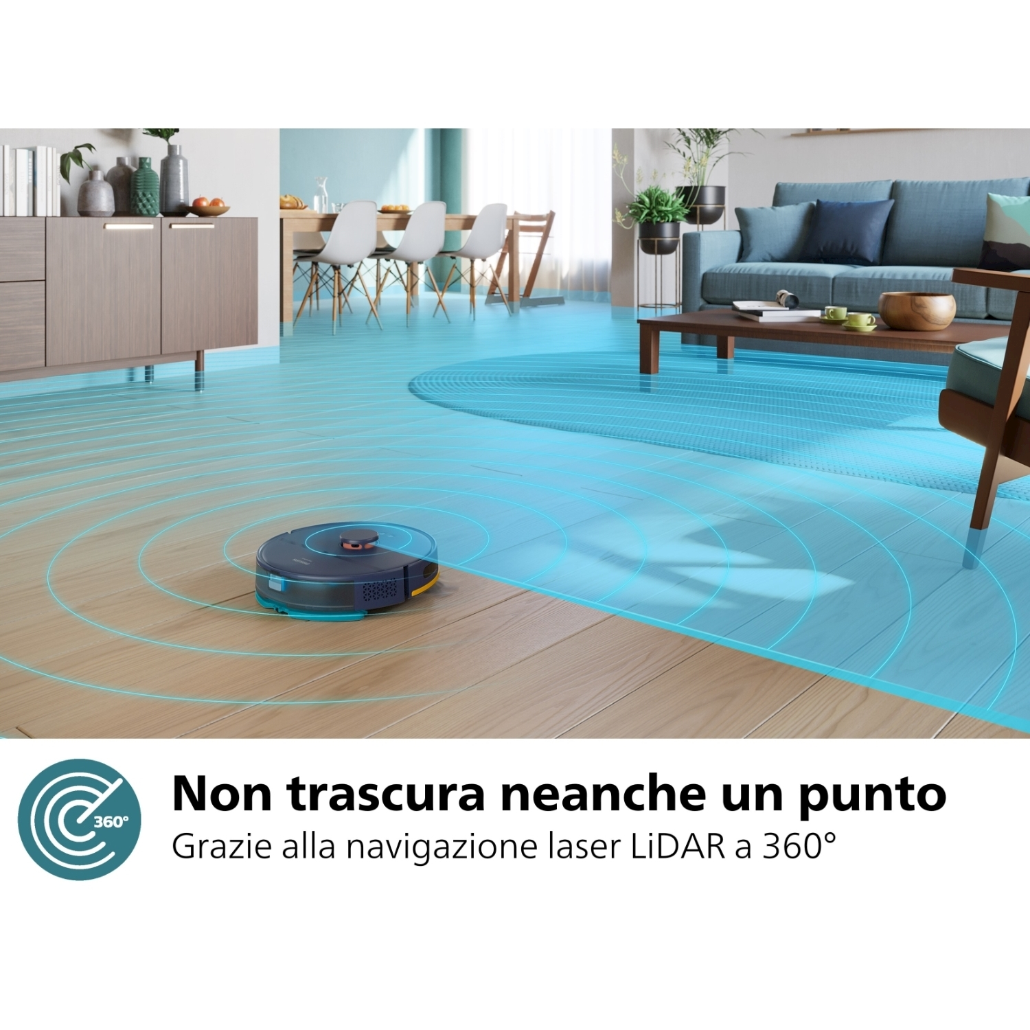Robot aspirapolvere pulisce pavimento in legno, luce blu mostra il percorso.