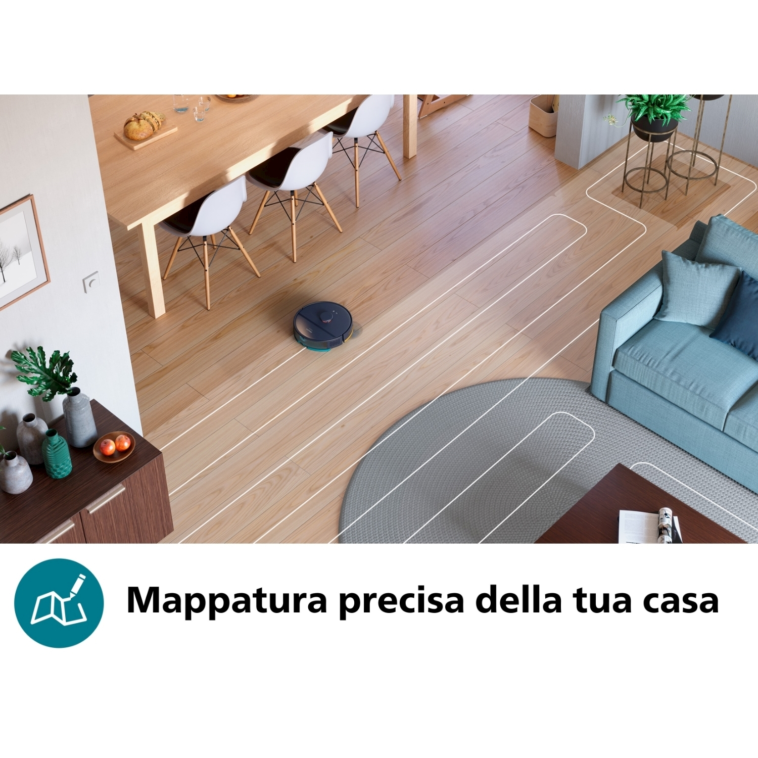 Aspirapolvere robot su pavimento in legno, con un percorso di pulizia mappato attorno ai mobili.