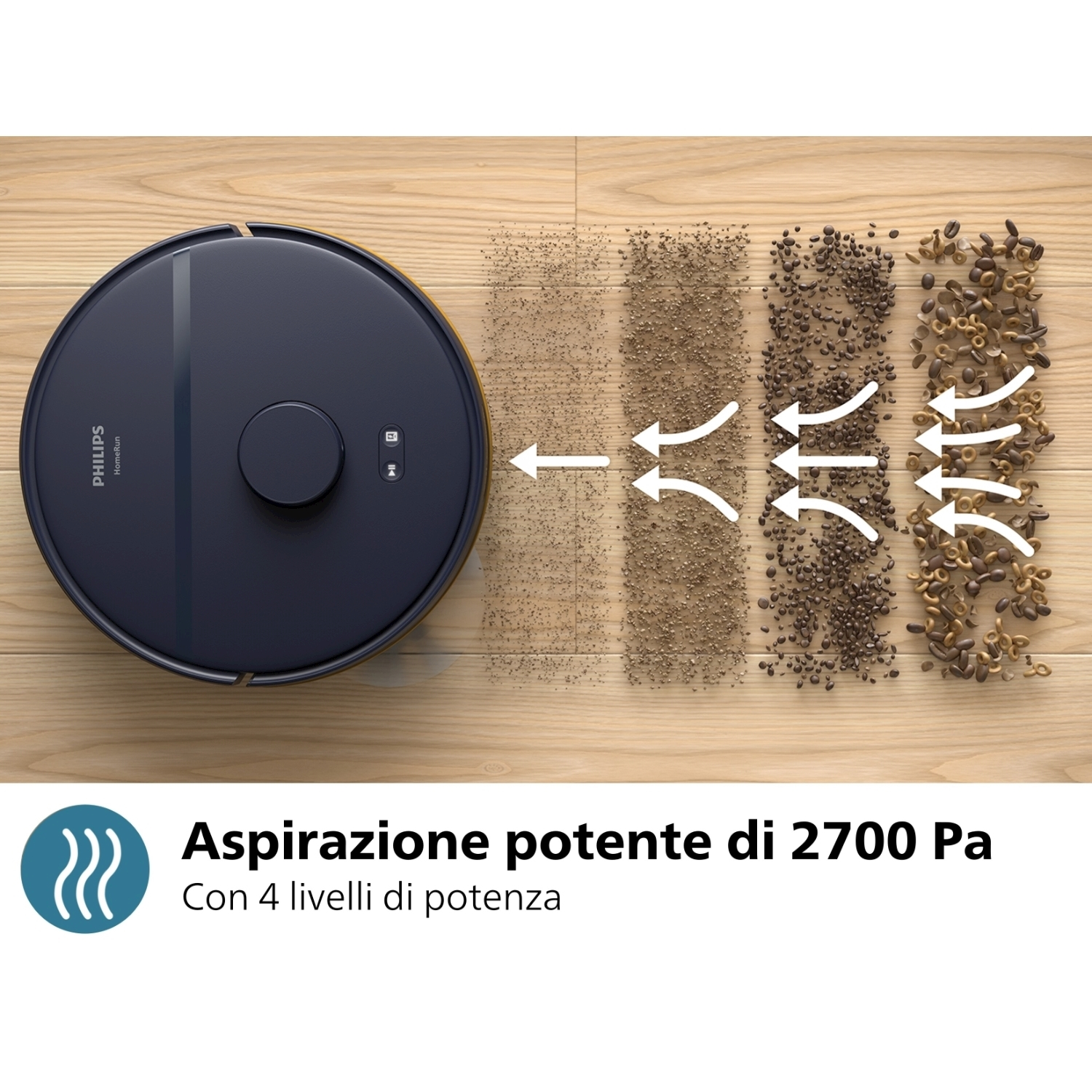 Un aspirapolvere rotondo e nero con logo Philips pulisce un pavimento in legno, mostrando diversi tipi di detriti e frecce.