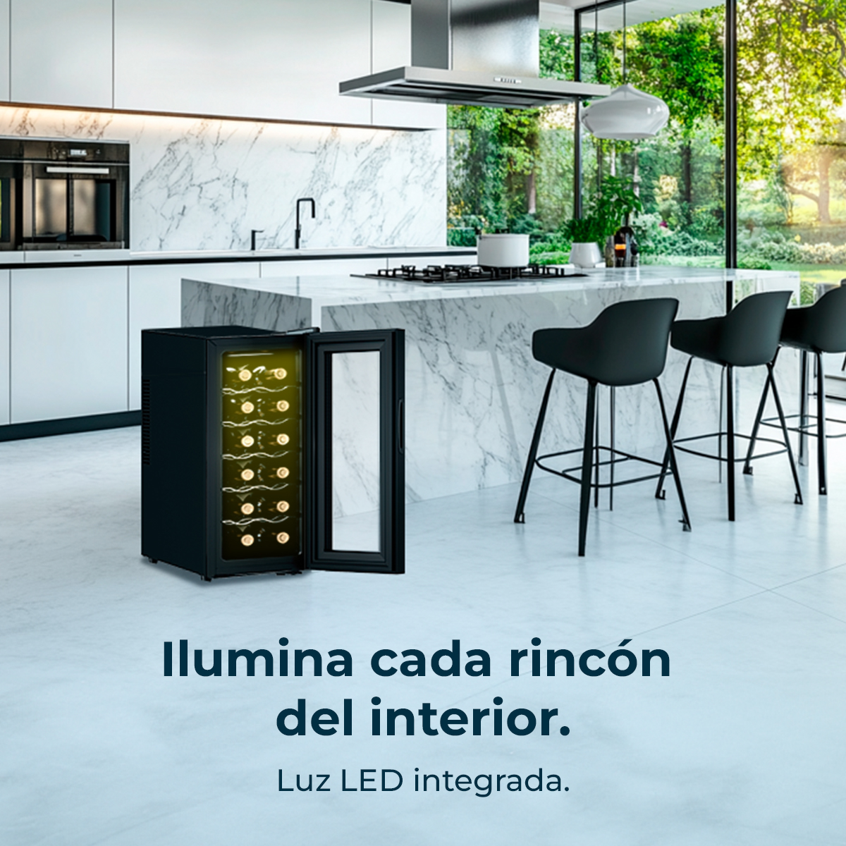 Una vinoteca negra con puerta de vidrio abierta, en un entorno de cocina moderna. Las luces LED son visibles.