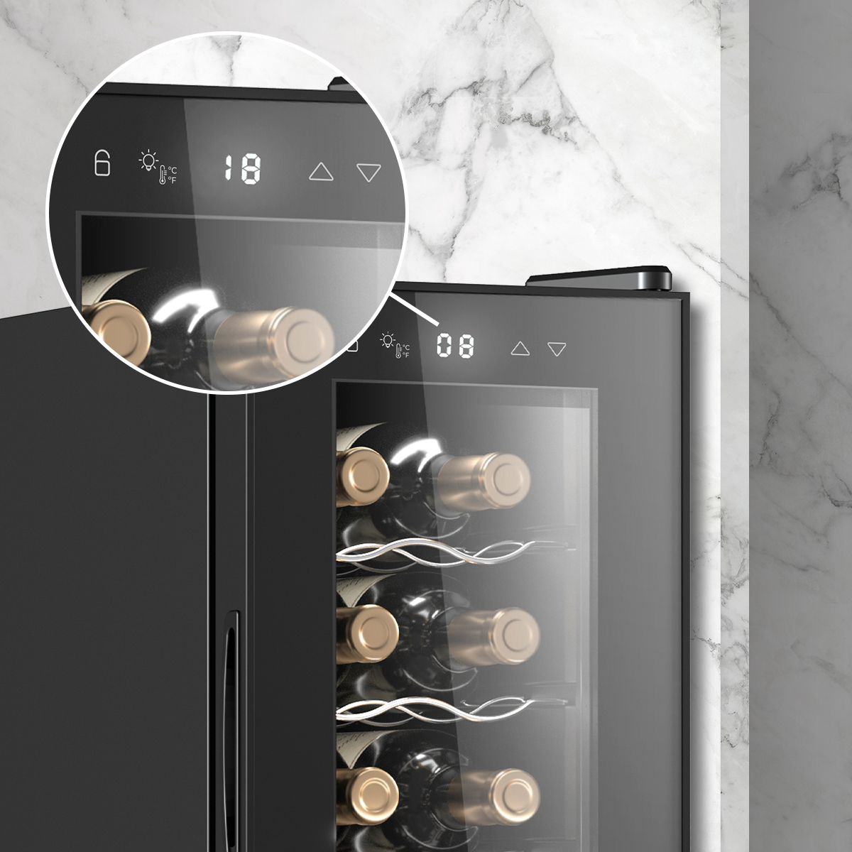 Enfriador de vino con botellas y pantalla digital mostrando temperatura.