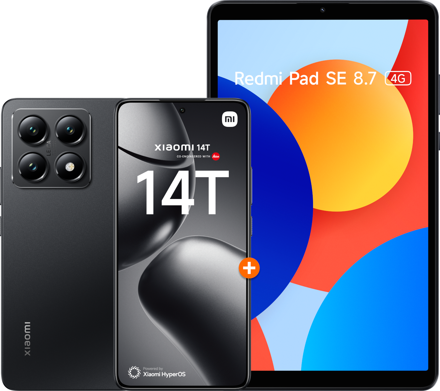 Twee telefoons en een tablet. Eén telefoon is zwart, de ander grijs. Tablet is rood en oranje.
