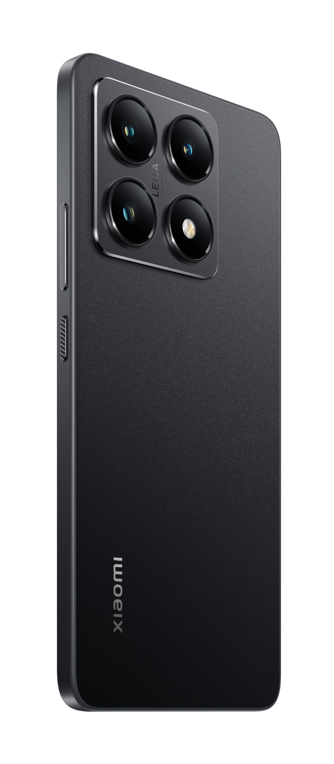 Zijaanzicht van een zwarte smartphone met vier cameralenzen. Het woord 'Leica' is zichtbaar. Xiaomi-logo.
