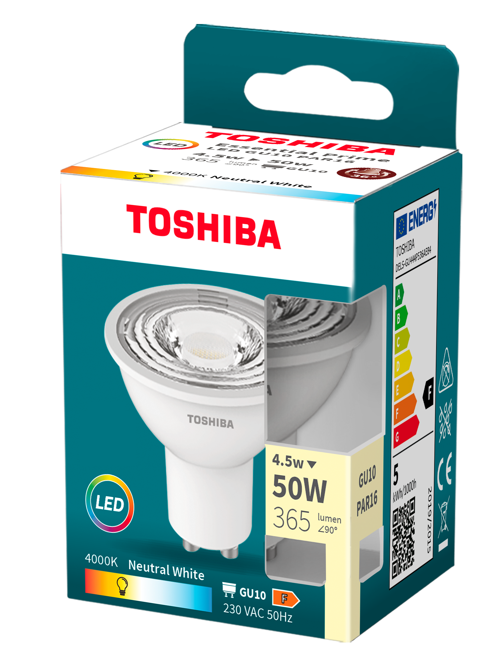 Zapakowana żarówka LED Toshiba, biała żarówka z czerwonym tekstem Toshiba i informacjami.