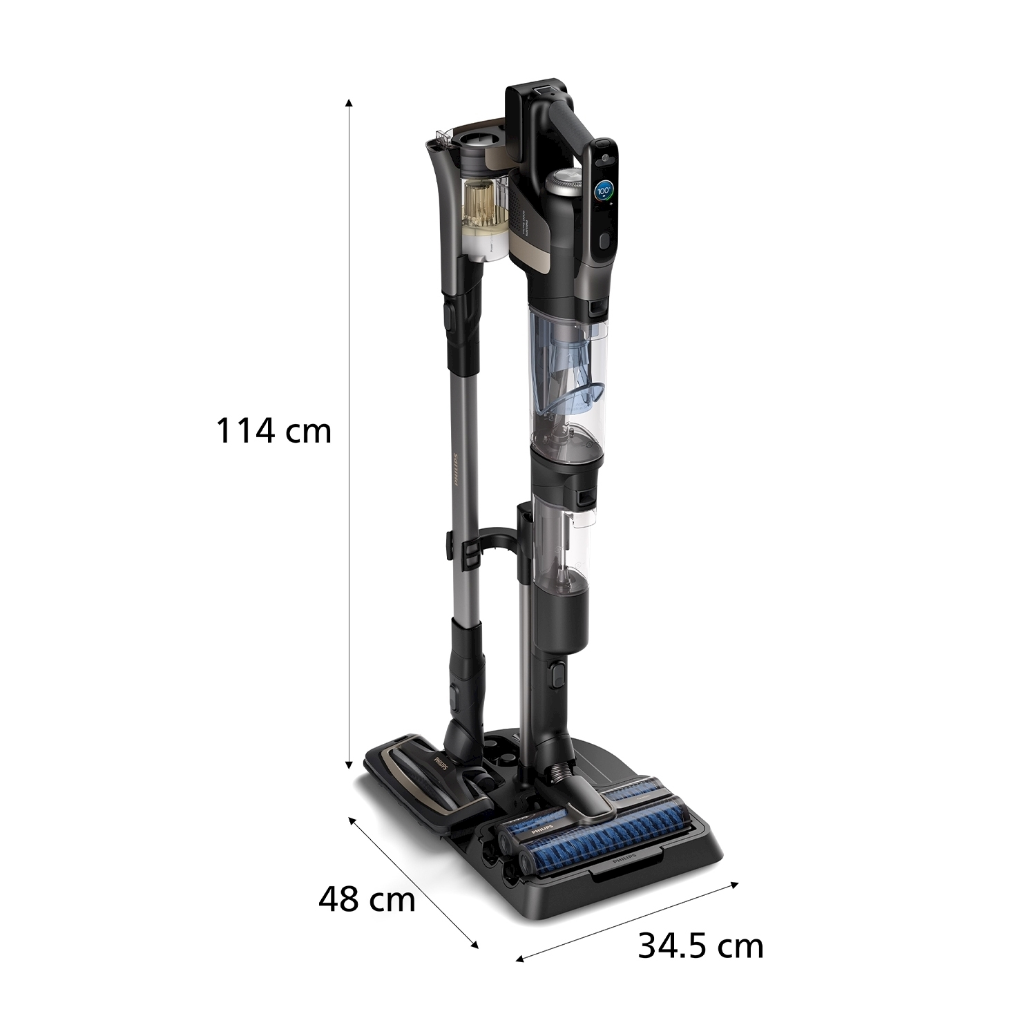 Un aspirapolvere Philips nero e grigio. Mostra dimensioni di 114 cm, 48 cm e 34,5 cm.