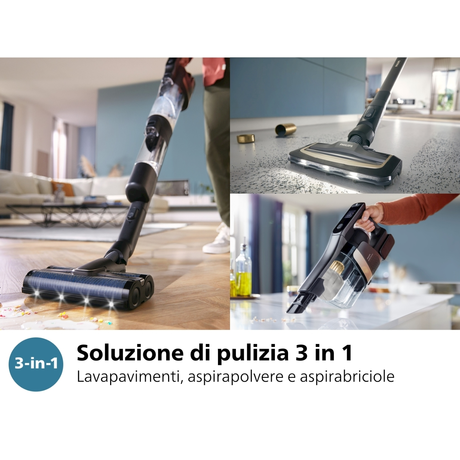 Soluzione di pulizia 3 in 1. Aspirapolvere, lavapavimenti e opzioni portatili.