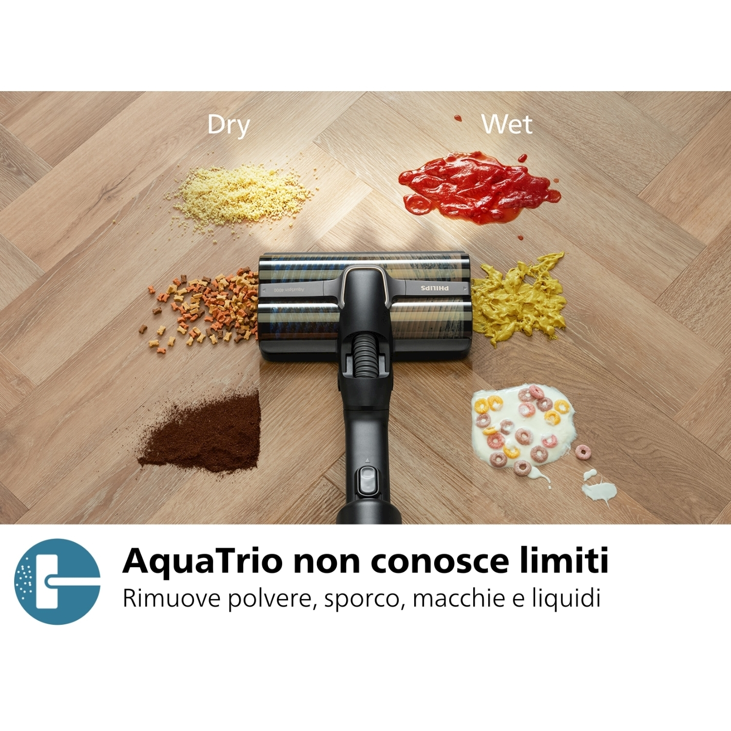 Testa dell'aspirapolvere con versamenti secchi e bagnati su un pavimento in legno.