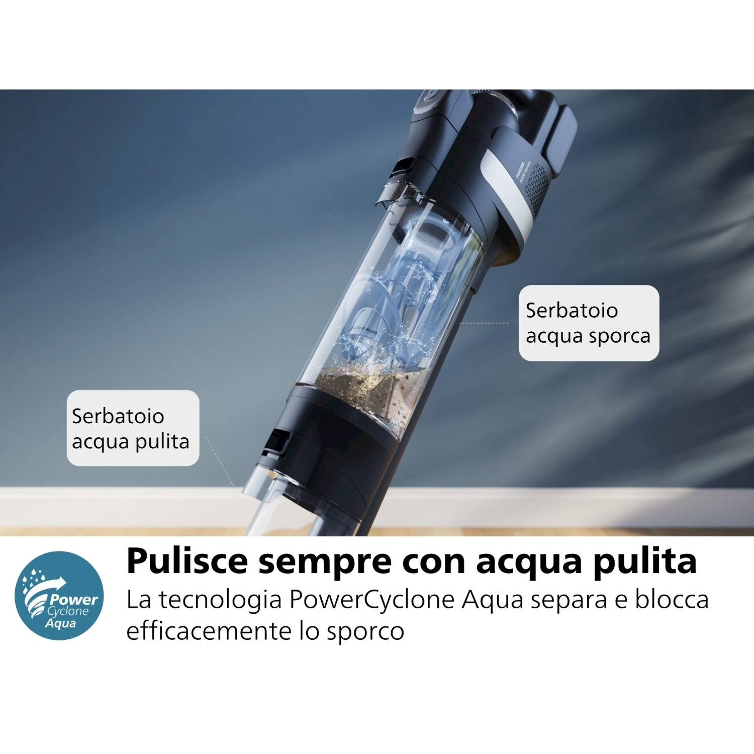 Aspirapolvere con serbatoi: acqua pulita e sporca. Testo: pulizia con acqua pulita.