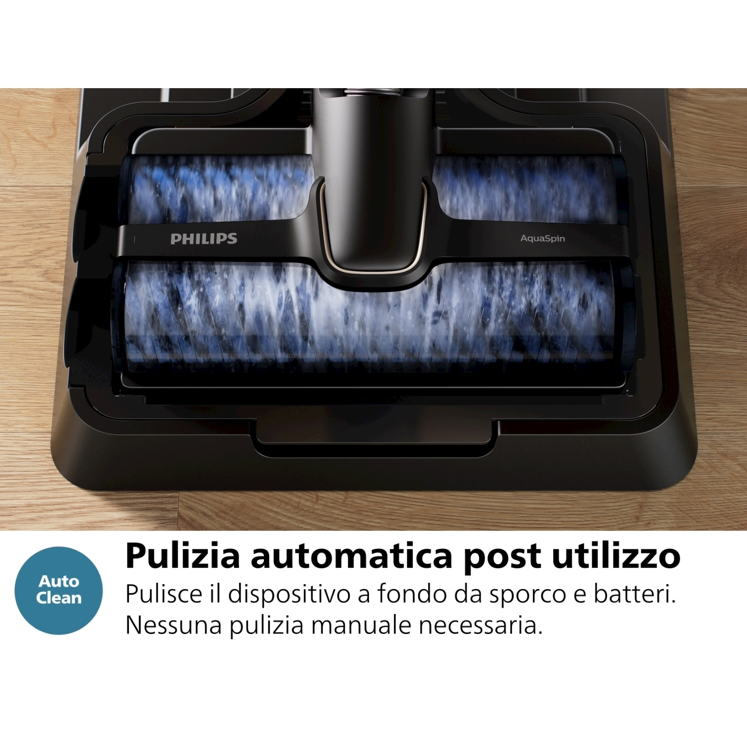 Testa dell'aspirapolvere con spazzole rotanti. Testo: Pulizia automatica dopo l'uso.