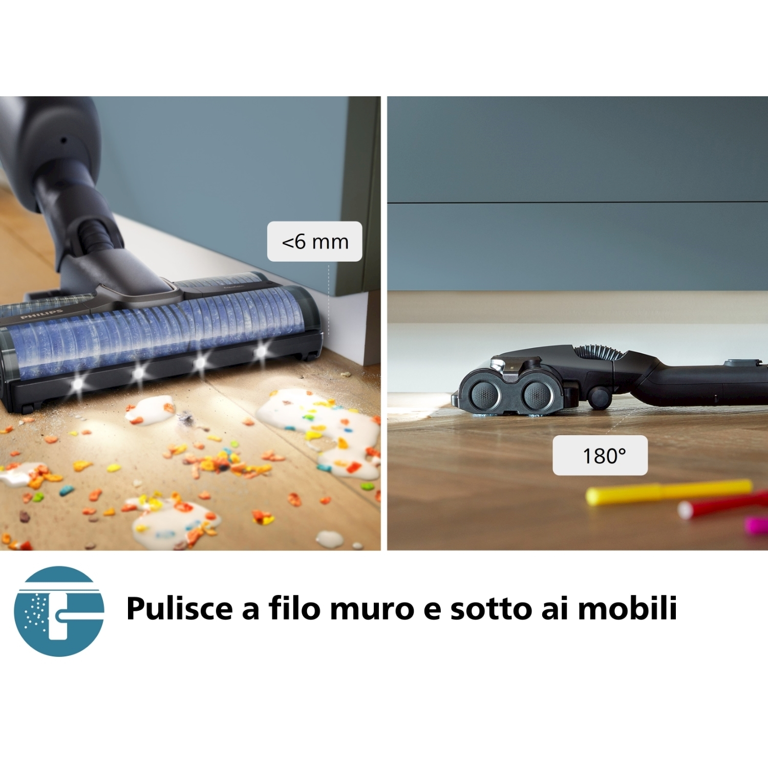Due immagini affiancate che mostrano un aspirapolvere che pulisce un pavimento e un angolo.
