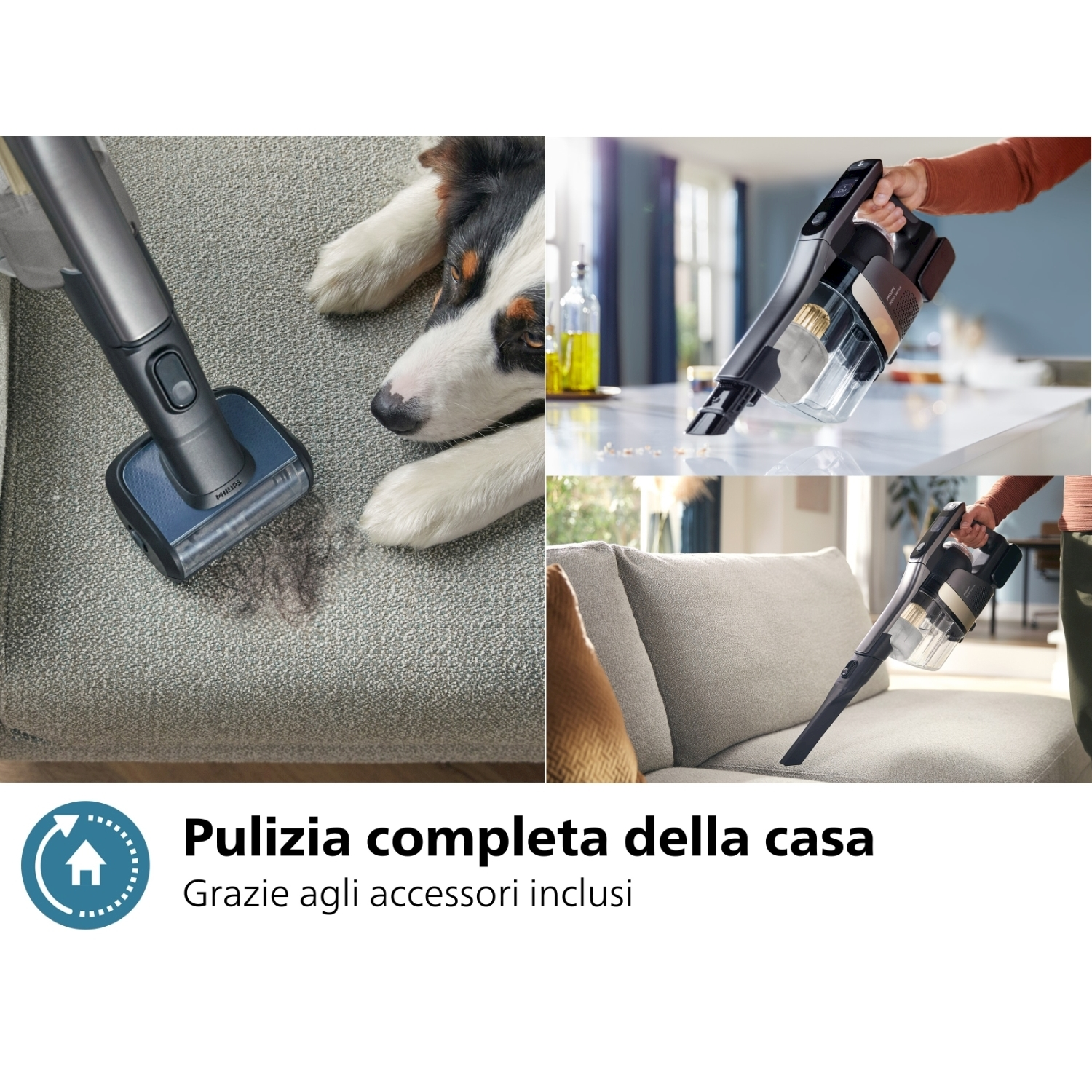 Un collage che mostra l'aspirazione di un divano e gli accessori con testo.