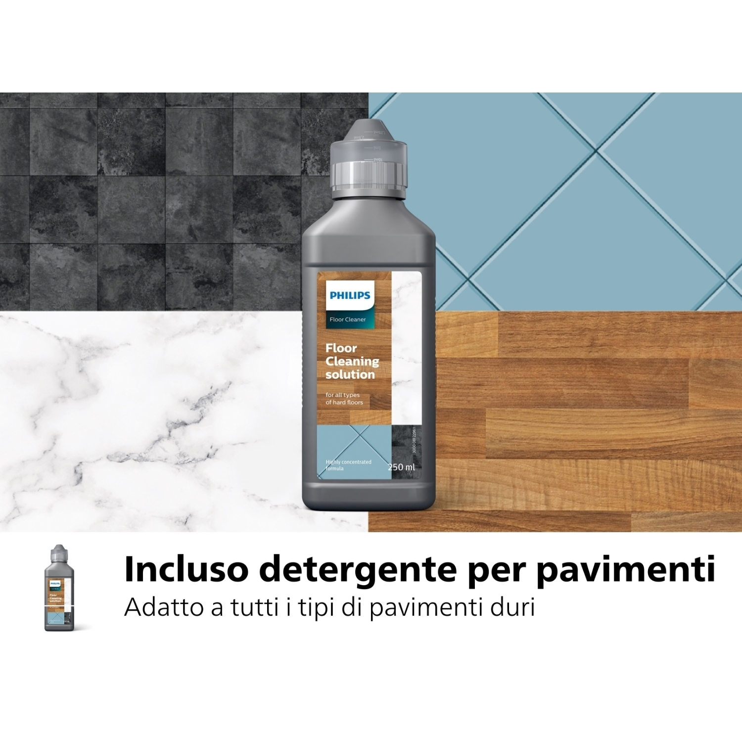 Flacone di detergente per pavimenti Philips con sfondo di piastrelle e legno. Testo in italiano.