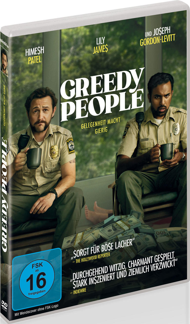 DVD-Hülle des Films Greedy People. Zwei Männer sitzen, Geld auf dem Boden. Text und Bewertungen.