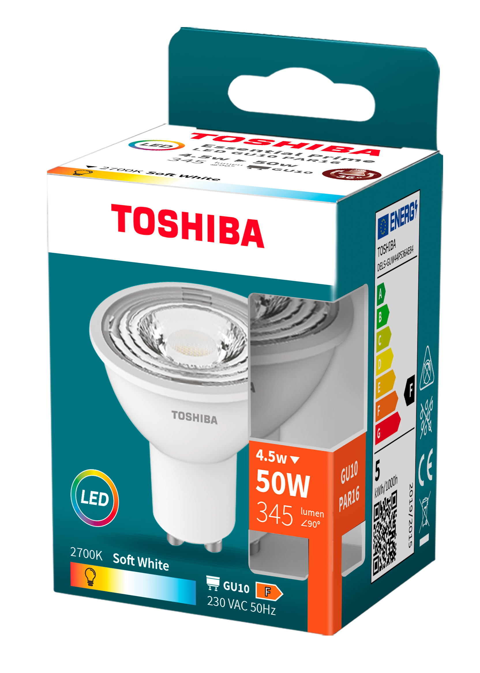 Żarówka LED Toshiba w pudełku, z tekstem i szczegółami efektywności energetycznej.