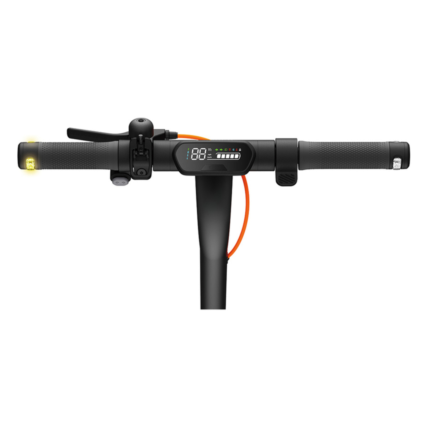 Guidon de trottinette électrique avec écran LCD, câble orange et lumières. Couleur noire.