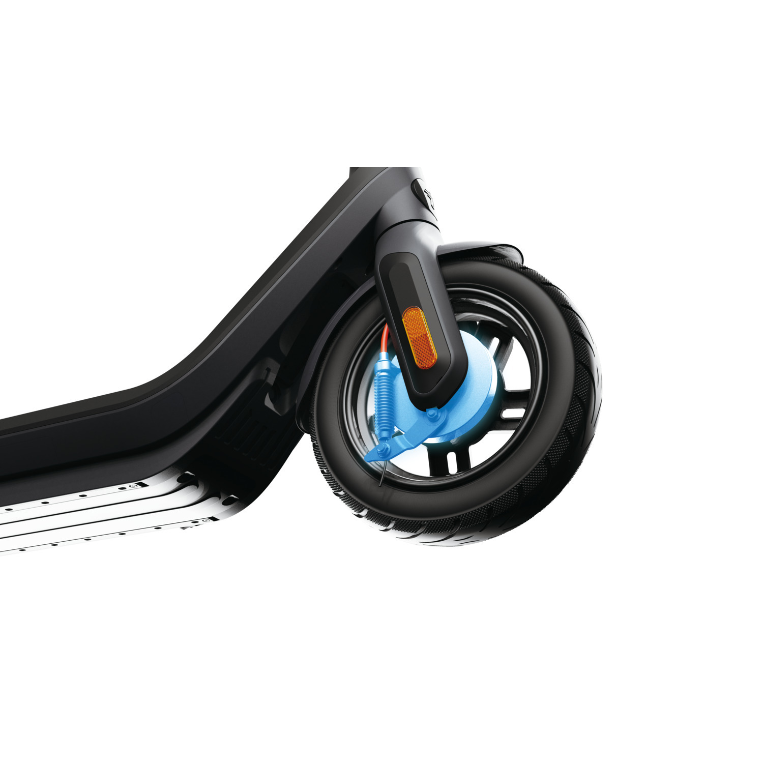 Gros plan sur la roue et le système de suspension d'une trottinette électrique, accents bleus visibles.