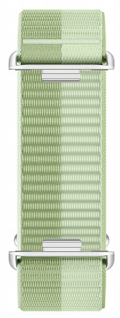Zielono-biały pasek do zegarka z metalowymi łącznikami. Pasek jest pionowy i z bliska.