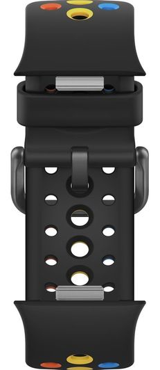 Czarny pasek do zegarka z kolorowym wzorem guzików na górze.