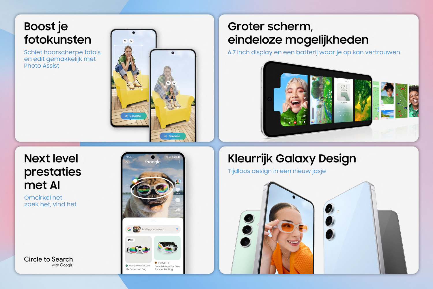 Smartphone-advertentie met meerdere schermen en functies gepresenteerd in het Nederlands.